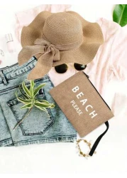 Beach Letter Theme Yellow Flax Brown Handbag Plus A Small Bag With A Hand Rope And A Bow Hat Bridesmaid Personalized Wedding Gift Bag Travel Storage Bag Cosmetic Storage Bag Coin Purse Direct Storage