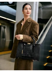 Women s Faux Crocodile Embossed Black Tote Bag Large Capacity Shoulder Bag Handbag Crossbody Bag Simple Crocodile Pattern Tote Bag Faux Leather Shoulder Bag Women s Classic Handbag Business Casual Wom