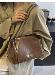 حقيبة جلدية مشمعة للنساء مع سلسلة كتف ، حقيبة عبر الجسم كبيرة