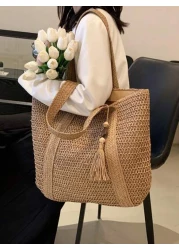 1 Pc Fashionable New Casual Summer Holiday Style Large Capacity Portable Solid Color Grass Woven Zipper Tote Bag With Wooden Bead Tassel Pendant Women s Beach Bag Suitable For Outdoor Leisure Vacation