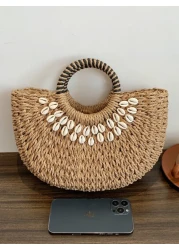 Tropiscape 2025 Fashion Hollow Straw Shell Bag Handwoven Semi Circle Tote Handbag Suitable For Beach Holiday Daily Use Travel Parties Gift For Women Bohemia Chill Vacation