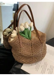 حقيبة قش سعة كبيرة بمقبضين موضة جديدة للنساء، مناسبة للتنقلات اليومية والتسوق والسفر، تصميم خفيف وعملي مثالي