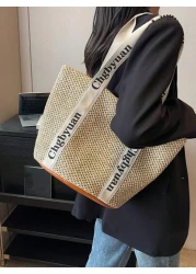 Women s Stylish Woven Straw Beach Tote Bagschool Tote Bag School Bookbag Portable Foldable Business Casual Suitable For Teen Girls Women College Students Teacher Rookies White Collar WorkersCollege Va