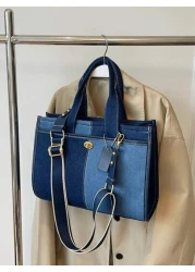 Classic Fashion Contrast Color Double Handle Tote Bag Large Capacity Lightweight Portable Side Pocket Canvas College Style Handbag Suitable For Travel Shopping Commuting Outdoor Activity And Campus Us