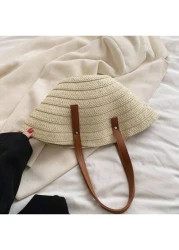 حقيبة كتف نسائية متعددة الاستخدامات وبسيطة، حقيبة كتف للتسوق، حقيبة شاطئ من القش للسفر