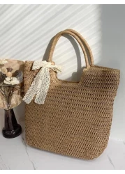 1pc Large Capacity Woven Rattan Handbag Solid Color Summer Beach Bag For Ladies School Bag Portable Large Capacity Lightweight For Teen Girls Women College Students College Middle School High School O