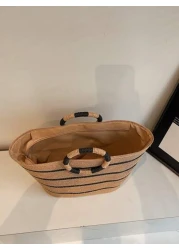 حقيبة كبيرة السعة منسوجة من القش، حقيبة يد عصرية متعددة الاستخدامات للنساء، حقيبة تسوق ذات نمط مخطط، حقيبة يد