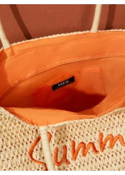 SHEIN VCAY Large Capacity Letter Graphic Straw Bag Woven Bag Perfect For Summer Beach Travel Vacation For Outdoor Holiday Picnic Summer Essentials Perfect For Vacation HolidaySchool Bag School Handbag