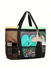 Mesh Beach Bag Large Beach Tote Bag Multi Use Organizer With Zipper Closure Foldable Handy Large Mesh Tote Bag Lightweight For Family Beach Bag For Toys Vacation Essentials School Bag Large Capacity W