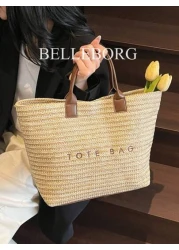 حقيبة نسائية كبيرة السعة ذات تصميم بسيط وأنيق من القش مناسبة للعطلات والاستخدام اليومي