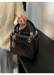 حقيبة يد نسائية كبيرة السعة، حقيبة يد أنيقة فاخرة للنساء، ذات نسيج مزخرف بنمط التمساح، باللون الأسود، ذات حزا