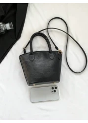 1pc Embossed Faux Leather Black Bucket Bag With Double Top Handles Adjustable Shoulder Strap And Zipper Closure Fashionable Crossbody Or Hand Bag For Women s Daily Use Work Or Shopping