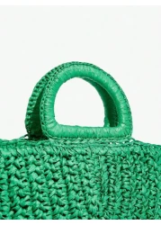 SHEIN SXY Ladies Women Top Handle Bags Straw Bag Tassel Fashionable Elegant Simple Personality For Beach Vacation Holiday Summer Seaside Green