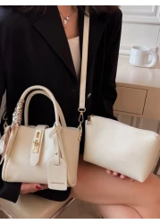 Fashionable Minimalist Casual 1pc Fashionable Solid Color Lychee Pattern Pu Leather Handbag Crossbody Bag With Lock Decoration And Silk Scarf Suitable For Daily Use For Girl Teen Girls