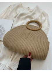 Straw Semi Circular Tote Bag Ring Top Handle Woven Basket With Daisy Decor Bohemia Travel Crossbody Bags Women s Trendy Solid Color Handbag For Summer Outdoor Picnic Basket Perfect For Gifts Storage A