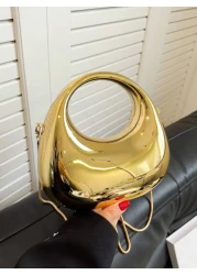 1pc New Arrival Golden Acrylic Clutch Bag Fashionable Personalized Handbag For Evening Party With Light Silver Color Moon Shaped Glittering Surface Detachable Metallic Chain Strap For Crossbody Wearin