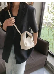 حقيبة دلو ميني جلد صناعي مطرز ليتشي أبيض أنيق