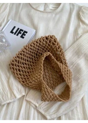 1 Piece Set Of Polyester Thread Hook Mesh Eyelid Bottom Multicolor Solid Color String Knitting Handbag Argyle Lightweight Portable Large Capacity Cute Kawaii Fashionable Quilt Bag Beach Bag For Women