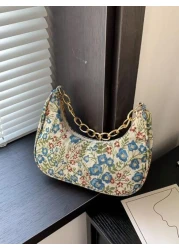 Fashion Metal Chain Handbag With Flower Design Floral Printed Canvas Shoulder Bag Tready Crescent Moon Bag For Women Exquisite Floral Bag For Women