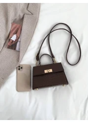 Mini Square Bag Elegant Coffee Brown Twist Lock Crocodile Embossed PU