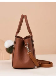 Lightweight Business Casual Litchi Embossed Square Bag Pom Pom Decor PU Mothers Day Gift For Mom For Teen Girls Women College Students Rookies White Collar Workers Perfect For Office College Work Busi