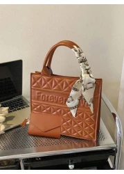 1pc 2pcs Set Fashionable Quilted Square Tote Bag With Letter Pattern And Skinny Scarf Decor Large Capacity PU Shoulder Bag Purse Set Professional Business Briefcase For Work Commute Casual Handbag Off