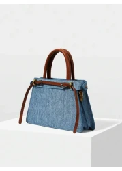 MOTF PREMIUM CONTRAST BUCKLE DETAIL DENIM EFFECT PRINT TOP HANDLE BAG