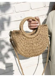 Yogodlns حقيبة كروس بودي محاكة من القش مزينة باللآليء والورد اليدوية حقيبة يد صغيرة عصرية للصيف