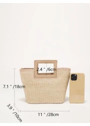 Casual Solid Color Contrast Binding Double Handle Straw Bag For Women Rookies White Collar Workers For Lady For Female Portable For Business Commute Work Office For Festivals Vacation Holiday For Summ