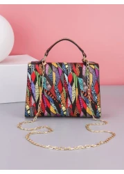 Crossbody Chain Mini Square Bag With Printed Top Handle And Multicolor Print For Women