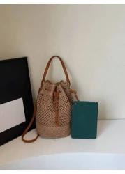 1pc Women s Khaki Drawstring Closure Straw Bucket Bag Bohemian Style Fashion Handbag Tote Bag Suitable For Holiday Travel Suitable For Gifts Parties And Other Occasions