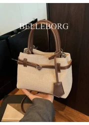High Quality Casual Color Block Retro Canvas Leather Buckle Tote Handbag Versatile For Commuting Women