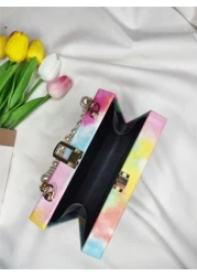 Oil Painting Colorful Metal Chain Shoulder Bag Crystal Pearl Decor Handbag Clutch Wallet Phone Bag For Daily Use And Travel Colorful Purse For Women