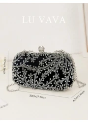 1pc Elegant And Romantic Black Solid Color Faux Pearl Beaded Evening Bag With Rhinestone Studded Heavy Duty Clutch BoxTready Bride Bag Perfect For Party Wedding Prom Dinner Banquet Matching With Weddi