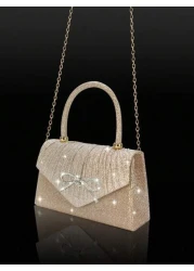 Shiny And Elegant Mini Bow Women s Evening Bag Paired With Exquisite And Luxurious Rhinestone Necklace And Earrings Two Pieces Set New Solid Color Pleated Flap Handbag Suitable For Holiday Parties Dan