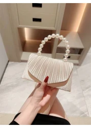 An Elegant Classic Pleated Design Evening Bag Romantic Faux Pearl Party Clutch Bag Luxury Satin Formal Dress Bag Flap Clutch With Chain Strap For Prom Perfectly Matching With New Years Outfit Excellen