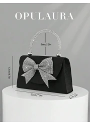 OpulAura Women s European And American Fashion Black Satin Flap Clutch Evening Bag Sparkling Elegant Bowknot Rhinestone Decor Party Handbag Luxury Satin Formal Dress Bag Chain Shoulder Bag Suitable Fo