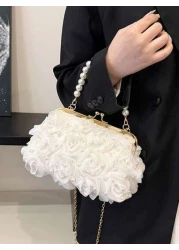 1pc White Romantic Wedding Season 2025 Spring Summer Pearl Net Yarn Flower Clip Pearls Handbag Ladies High End Luxurious Dress Evening Bag Bridal Bag For Wedding Party Banquet Elegant Pearl Bag Exquis