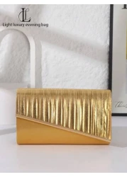 1 قطعة حقيبة سهرة مثالية وأنيقة للنساء، مذهبة وذات طيات لامعة، مزينة بخطوط معدنية، حقيبة متعددة الاستخدامات م