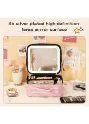 Makeup Bag With Light Up Mirror Travel Cosmetic Case Box 3 Color LED Lighted Mirror With Adjustable Brightness Waterproof Leather Adjustable Dividers Brush Organizer PU Leather Suitable For Girls And
