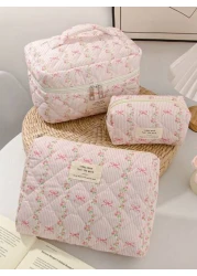 1 حبة / مجموعة حقيبة مكياج زهرية وردية للبنات، حقيبة تخزين متعددة الوظائف مع سحّاب لمستحضرات التجميل والمواد ا