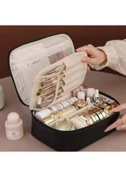 Multi Layer Large Capacity Removable Makeup Bag Faux Leather Travel Cosmetic Storage Box With Brush Holder Portable Unisex Beauty Essentials Case Non Alcoholic Cosmetics Organizer Solution Elegant Des