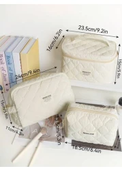 1Pc Set Beige Quilting Makeup Bag With Soft Texture Vintage Large Capacity Cosmetic Bag Travel Organizer Handheld Minimalism Cozy Foam Toiletry Big Set Lightweight Fluffy Makeup Pouch Home Decor Delic