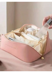 1pc PU Leather Waterproof Makeup Bag Convenient Toiletry Organizer Large Capacity Double Layer Makeup Case Summer Travel Vacation Home Bathroom Decor Holiday Makeup Organizer