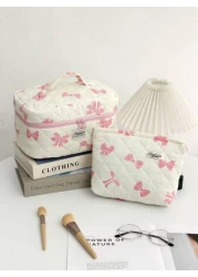 قطعة واحدة حقيبة مستحضرات تجميل محمول بمقبض مبطن بقماش كبيرة السعة للنساء لتخزين مستحضرات التجميل والفرش، من