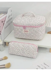 قطعة واحدة / مجموعة حقيبة مستحضرات تجميل وردية ذات طبعة زهور كبيرة السعة مبطنة مزودة بسحاب لحفظ أدوات التجميل