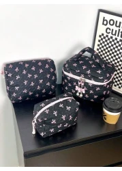 Floral Bow Decor Makeup Bag Fabric Print Zipper Pouch Sweet Style Toiletry Bag Cosmetic Bag For Home Travel Daily Use Women Makeup Organizer Makeup Storage Bag Mini Pouch Travel Small Makeup Case Acce