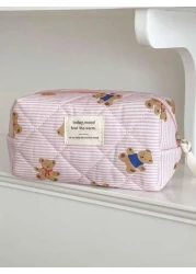 1Pc Set Cute Pink Bear Pattern Large Capacity Multifunctional Cosmetic Bag Makeup Bag Girls Make Up Bag Back To School Wallet Pouch Portable Cosmetics Brush Clutch With Zipper Closure For Lipstick Mom