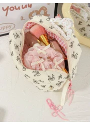 1Piece Quilted Handle Makeup Bag Small Quilted Cosmetic Bag Cute Bow Design Makeup Pouch Makeup Bag Aesthetic Travel Toiletry Bag Organizer Makeup Brushes Storage Bag For Women Bow Pencil Case For Mak