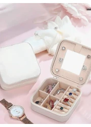 1pc PU Leather Square Jewelry Box Mirror Design Jewelry Storage Case Multifunctional Desktop Organizer Box Removable Compartments Suitable For Rings Earrings Necklaces Lipsticks Makeup Organizer